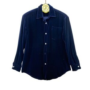 Fiji Sport Navy Blue Velvet Button Up Shirt SMALL Long Sleeve Pocket